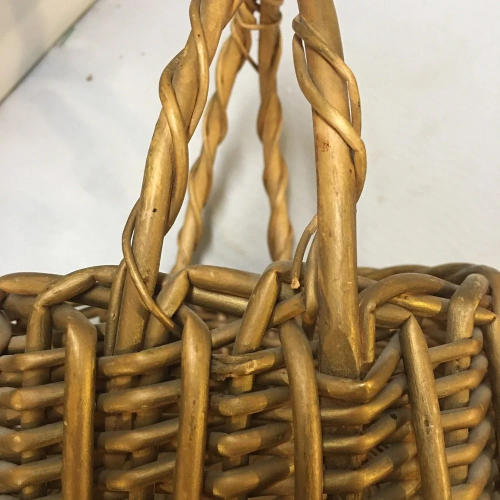 Woven Wicker Basket Small Gold Brown Rustic Double Handle Decor Cottagecore